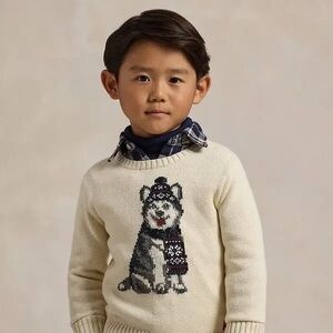 Polo Ralph Lauren Boys Dog Intarsia Husky Sweater Cream Size 3 Knit NWT $155